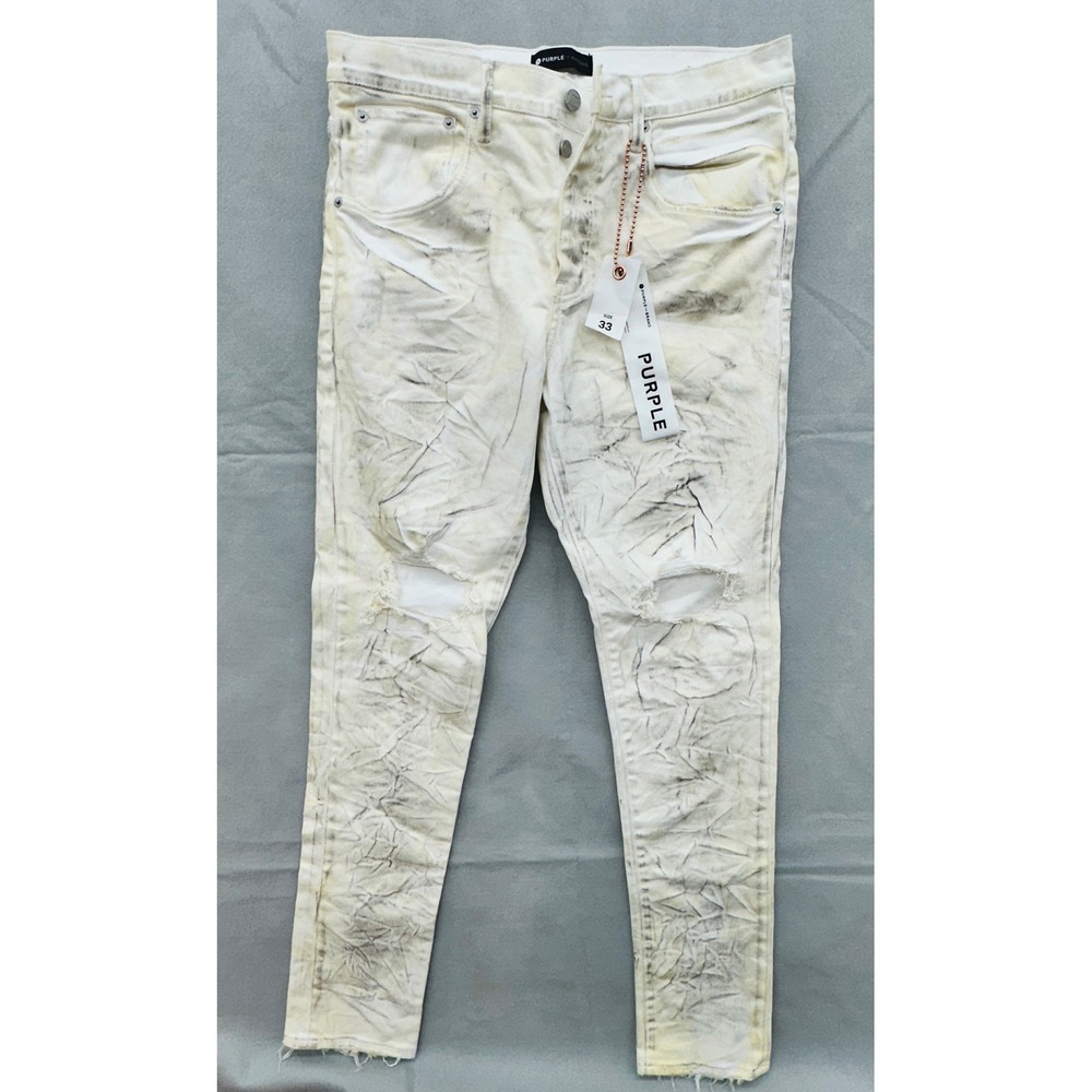 Purple Brand P002 Slim Fit Jeans White Yellow Oil Wash Distressed Mens Size 33